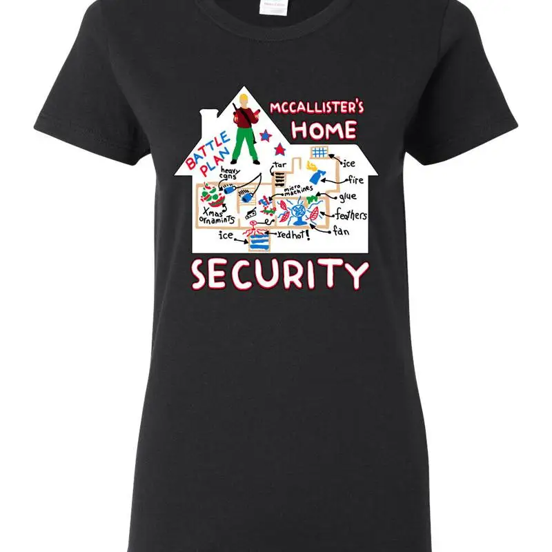 Home Security Plans - Camiseta feminina McCallister's Home Security Battle
